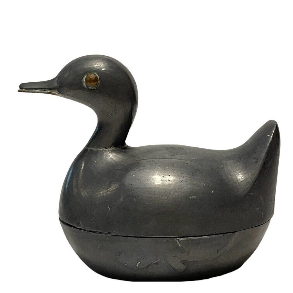 Vintage Hong Kong Pewter Metal Duck Mallard trinket Box Container